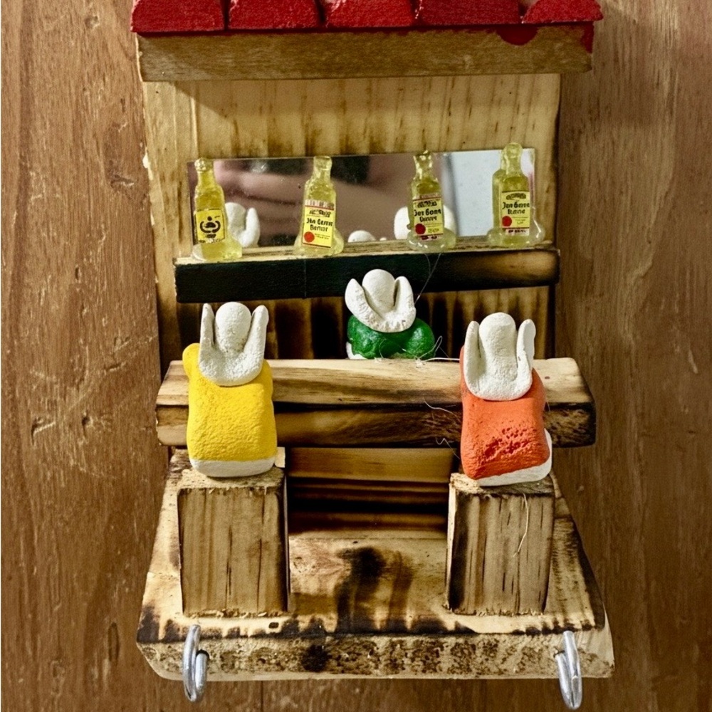 Rustic Mini Bar Wall Keyholder Decor with Yellow, Orange & Green Figures